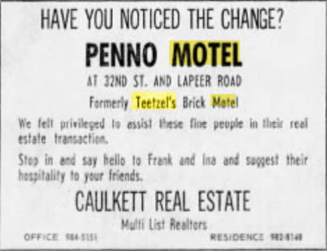 Teetzels Brick Motel (Penno Motel) - Sept 1961 Name Change